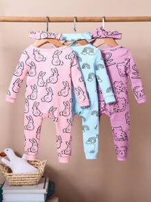 Ensemble de 3 pièces : Combinaison et bandeau minimaliste avec imprimé lapin pour bébé fille, coupe ajustée, pour un porter casual - Multicolore - Voir 2