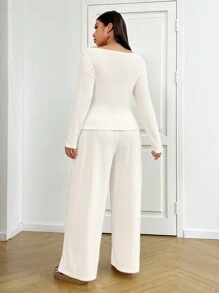 SHEIN EZwear 2pcs Plus Size Women's Apricot Ribbed Fuzzy Fabric Top & Pants Set, For Winter - Apricot - View 2