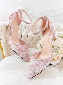CUCCOO HITCHD Pointed Toe High Heel Lace Net Strappy Sandals Spring Shoes Spring Break Easter Prom Heels - Pink - View 1