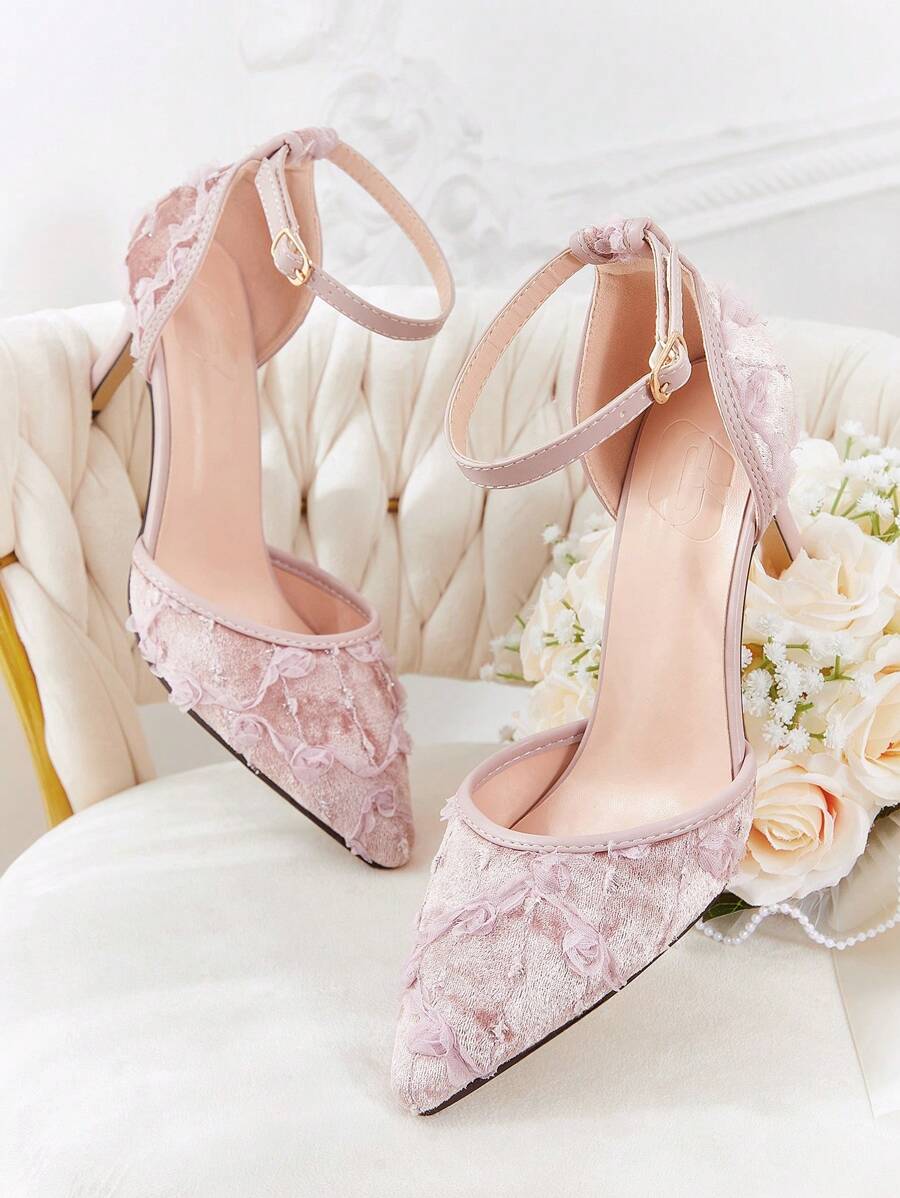 CUCCOO HITCHD Pointed Toe High Heel Lace Net Strappy Sandals Spring Shoes Spring Break Easter Prom Heels - Pink - View 1