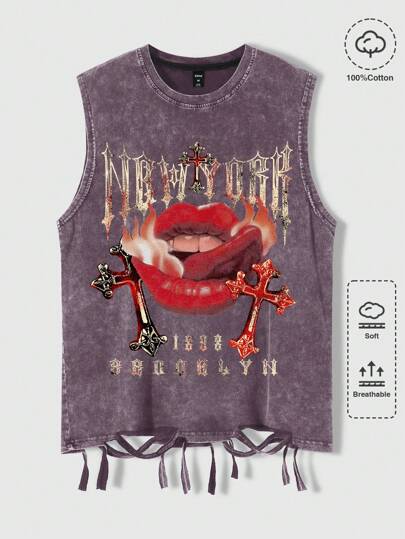 ROMWE MEN Street Life הדפסת פה לגברים שטוף גופייה ללא שרוולים במצוקה, קיץ, בית ספר