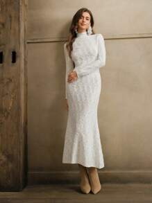 Anewsta Elegantes Weihnachten Jacquard Stehkragen Bodycon transparentes Fischhaut Maxikleid für Frauen