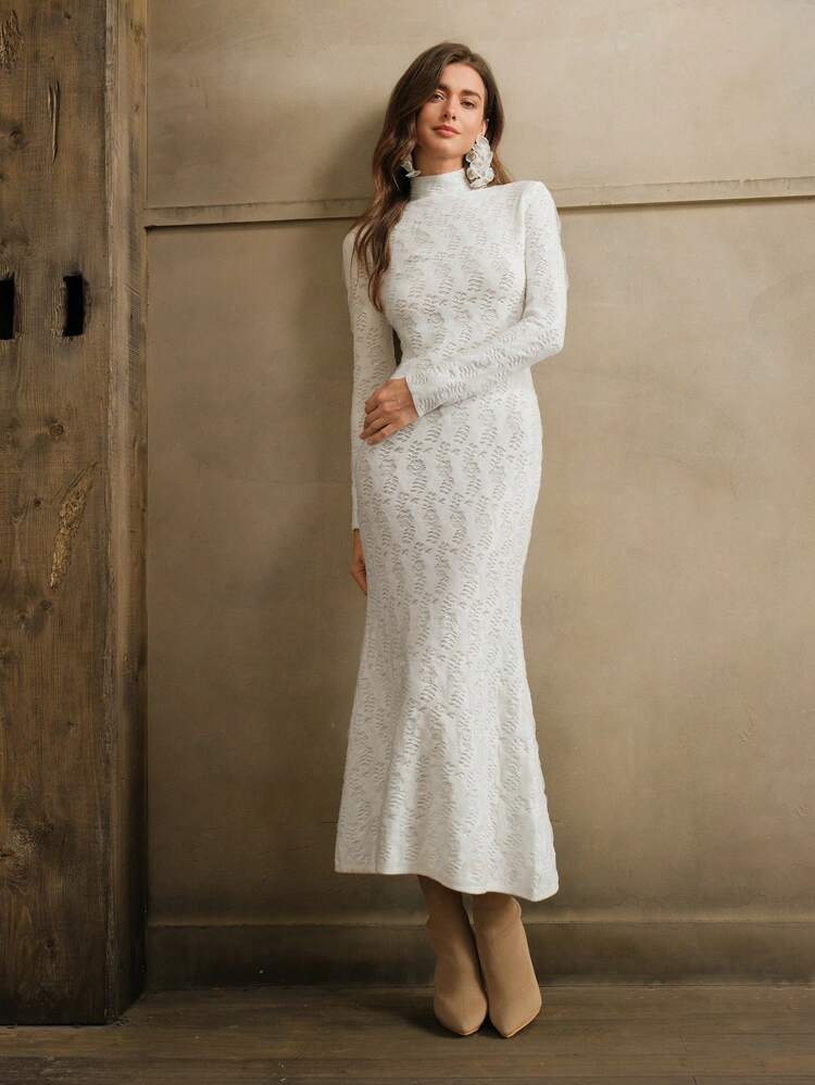 Robe-pull femme maxi élégante à queue de poisson, col montant, jacquard de Noël, gaine transparente