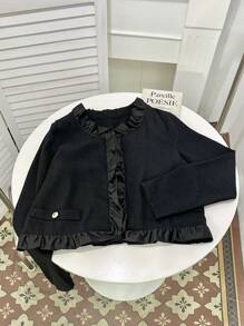 Chiquease Waffle tricô patchwork solto ajuste babado decoração jaqueta feminina, moda outono outerwear - Preto - Ver 3