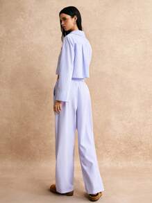 Poéselle 2pcs Women Casual Striped Long Sleeve Top And Full Length Pants Set, Autumn - Blue - View 5