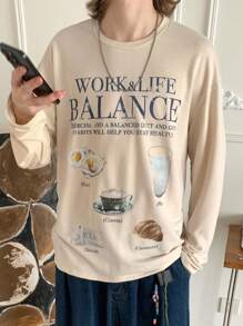 Mainfolk Men Knit Casual Loose Fit Long Sleeve Printed T-Shirt, Fashionable Everyday Style - Beige - View 1