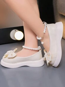 1 đôi giày công chúa đế bằng đơn giản màu trơn trang trí nơ, mũi tròn bằng da PU, thoải mái, phù hợp cho mùa xuân và mùa thu - Màu be - Xem 4