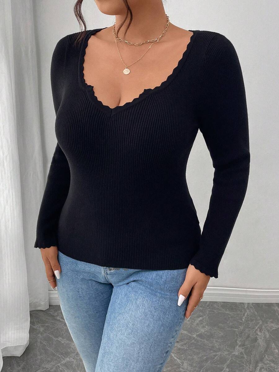 SHEIN Frenchy Pull ample à encolure en V de base noir, design minimaliste casual, grande taille, automne/hiver - Noir - Voir 1