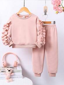 SHEIN Leap Crew 年轻女孩甜美可爱纯色休闲连帽运动衫和裤子套装，带有褶边细节，秋冬季，非常适合休闲日常穿着和上学日常、姐妹搭配、妈妈和女儿搭配。 - 粉色 - 查看 2