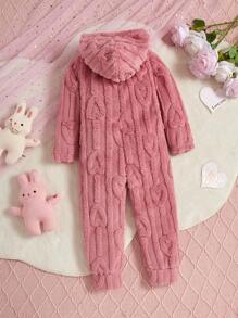 年轻女孩纯色柔软羊毛长袖连帽连体衣家居服 - 藕粉色 - 查看 2