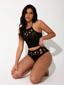 2pcs Women Solid Color Sheer Sexy Lingerie Set - Black - View 6