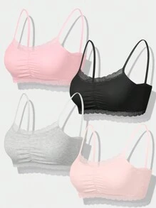 SHEIN 4pcs/Set Lace Trim Tween Girls Minimalist Fashion Gray, Pink, Black Camisole Bra Set - Multicolor - View 1