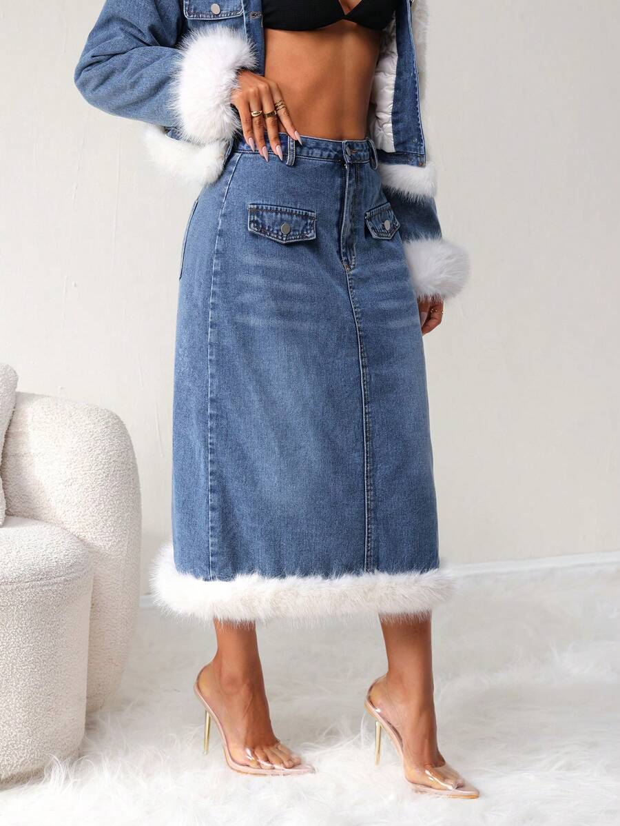 SHEIN SXY Women Casual Patched Fuzzy Hem Washed Denim A-Line Skirt, AutumnThermal Thickened Denim - Medium Wash - View 1