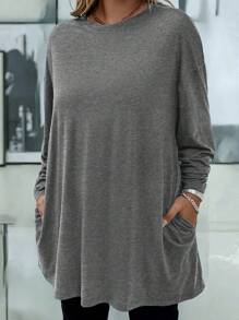 EMERY ROSE Plus Size Women Solid Color Round Neck Drop Shoulder Long Sleeve Pocket Loose Casual T-Shirt, Autumn - Dark Grey - View 4