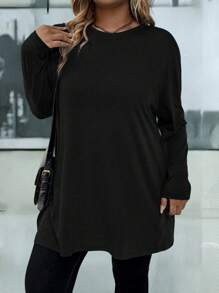 EMERY ROSE Plus Size Casual Solid Color Loose Fit Dropped Shoulder Pocket T-Shirt, Autumn
