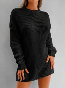 EURMUSE 女士落肩长袖短款休闲毛衣连衣裙，纯色，秋冬 - 黑色 - 查看 3