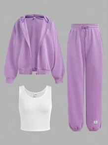 SHEIN 2pcs/Set Teen Girl Knit Solid Waffle Textured Vest Jacket & Shorts Casual Outfit