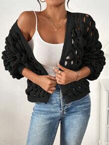 Chiquease Áo len cardigan dệt kim hở lưng cho nữ - màu đen - Xem 7