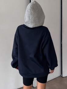 DAZY Color Block Patchwork Thermal Lined Hoodie Sweatshirt With Letter Print For Women,Fall Clothes