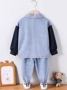 2pcs/Set Baby Boys Autumn Denim Patchwork Jacket & Long Sleeve Pants 2 Pieces Outfits, Stylish