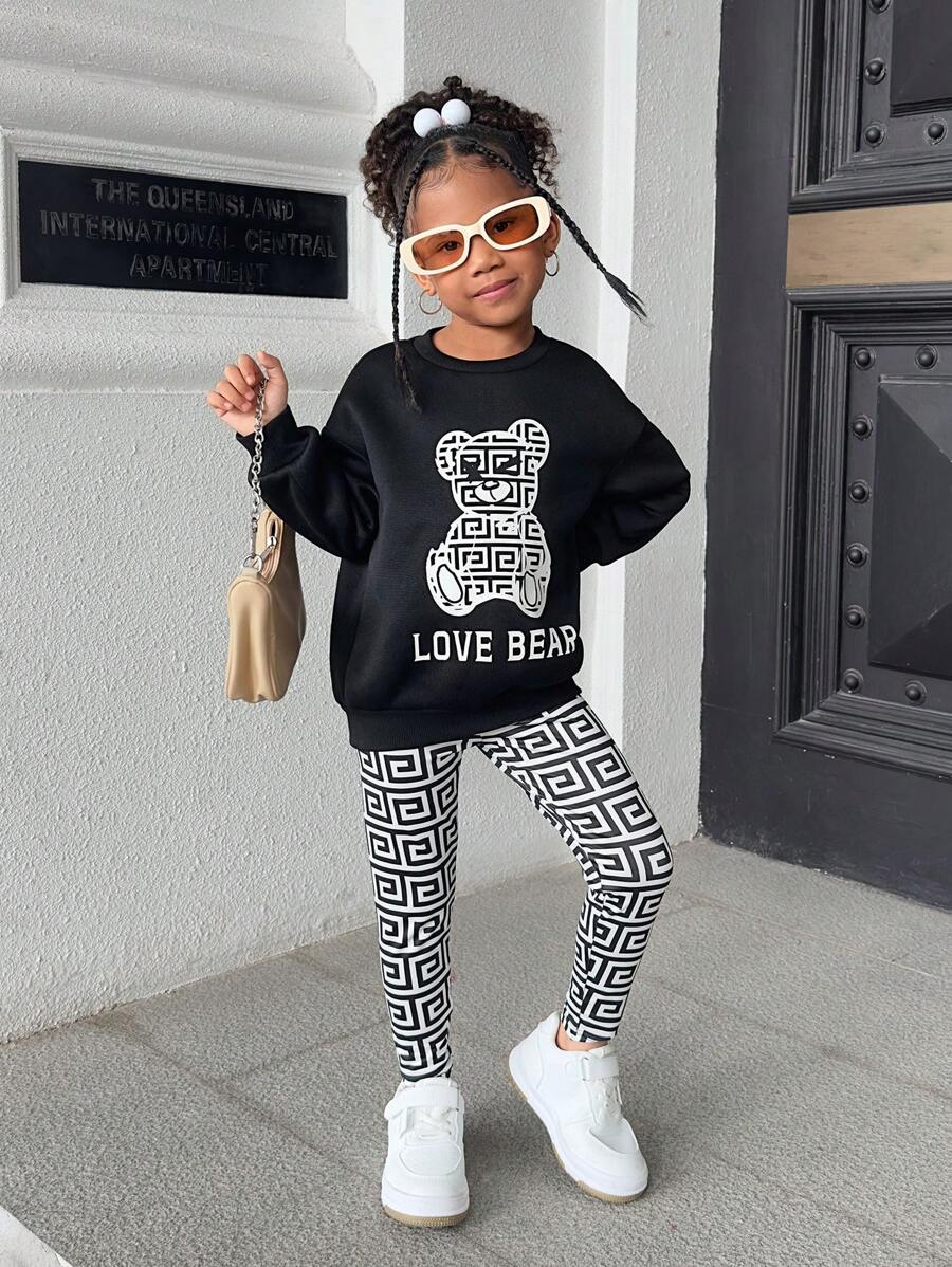 SHEIN Young Girl Sports Casual Knit Crew Neck Pullover Sweatshirt Set - Black and White - View 1