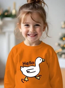 SHEIN 秋季氛围，可爱鸭子“你好”女婴针织柔软圆领套头衫宽松厚毛衣，适合秋冬季