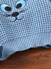 Baby Boys Waffle Knit Sweater, Thick Soft Warm Wear, Cute Cat Embroidery Pattern, Includes Matching Hat, Suitable For Autumn/Winter Home, Travel, Party And Playing With Kids - Dusty Blue - View 6