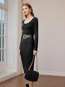 MOTF FAUX PEARL TRIM SCOOP NECK SLIM FIT SWEATER DRESS - Black - View 4