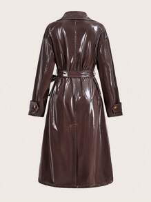 Slaydiva Women's Elegant Double-Breasted Glossy PU Trench Coat, Autumn