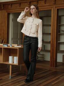 SHEIN MOD Áo khoác ngắn cổ tròn tay dài vải tuýt dày cho nữ, kiểu dáng cổ điển - Màu be - Xem 3