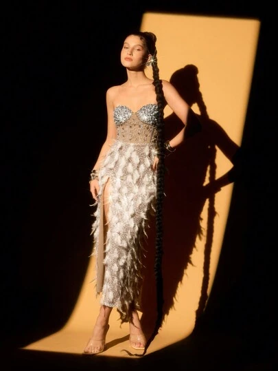 Lumalex Fall Winter Thanksgiving Outfit New Years Thanksgiving Rave Festival Outfits Formal Diamond Studded Feather Patchwork High Slit Bodycon Dress For Women