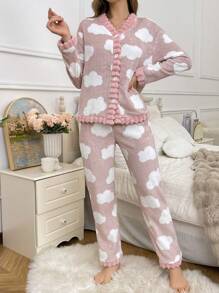 Cloud Pattern Plush Women Fluffy Pajama Set, Fall Winter Clothes, Cozy - Multicolor - View 5