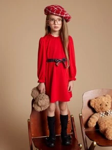 PrepCrw Vestido corto con mangas largas de unicolor con detalle fruncido para niña joven - Rojo - Ver 9