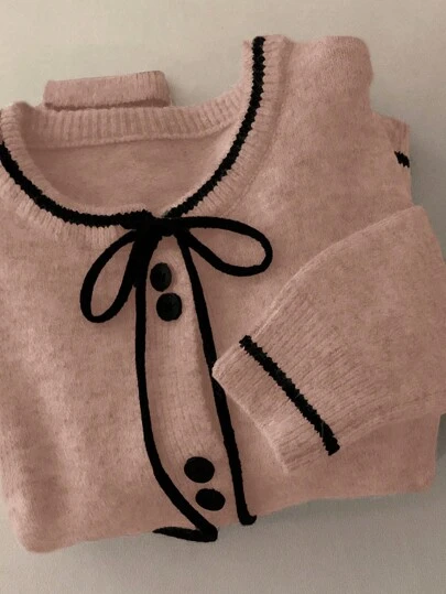 DAZY 여성 컬러블록 리본 장식 긴팔 니트 스웨터, 캐주얼 가을/겨울용 긴팔 탑