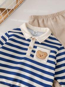 SHEIN 2 pezzi/Set Autunno Inverno Neonato Maschio/Femmina Camicia Polo a Righe Stile College Confortevole e Morbida e Pantaloni Lenti in Pile con toppe Decorativa di Orso cartoni animati
