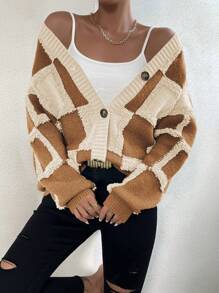 SHEIN Unity Women Casual Color Block Plaid Single-Breasted Cardigan, Autumn - Multicolor - View 3
