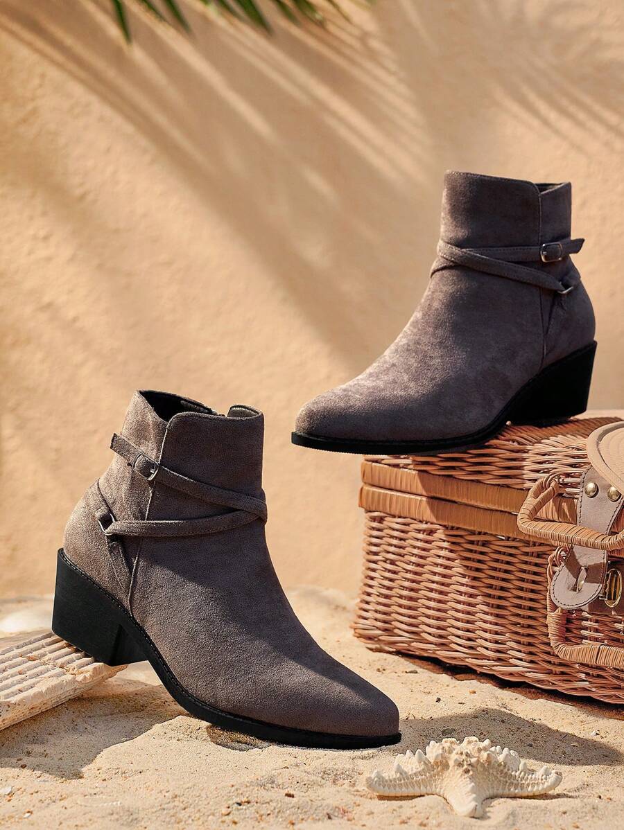 Styleloop Women's Metal Buckle Fashion Ankle Boots, Minimalist Short Boots, BOHO Style, Retro American/Bohemian/Western Music Festival, Suitable For Party, Christmas, Halloween - Grey - View 1