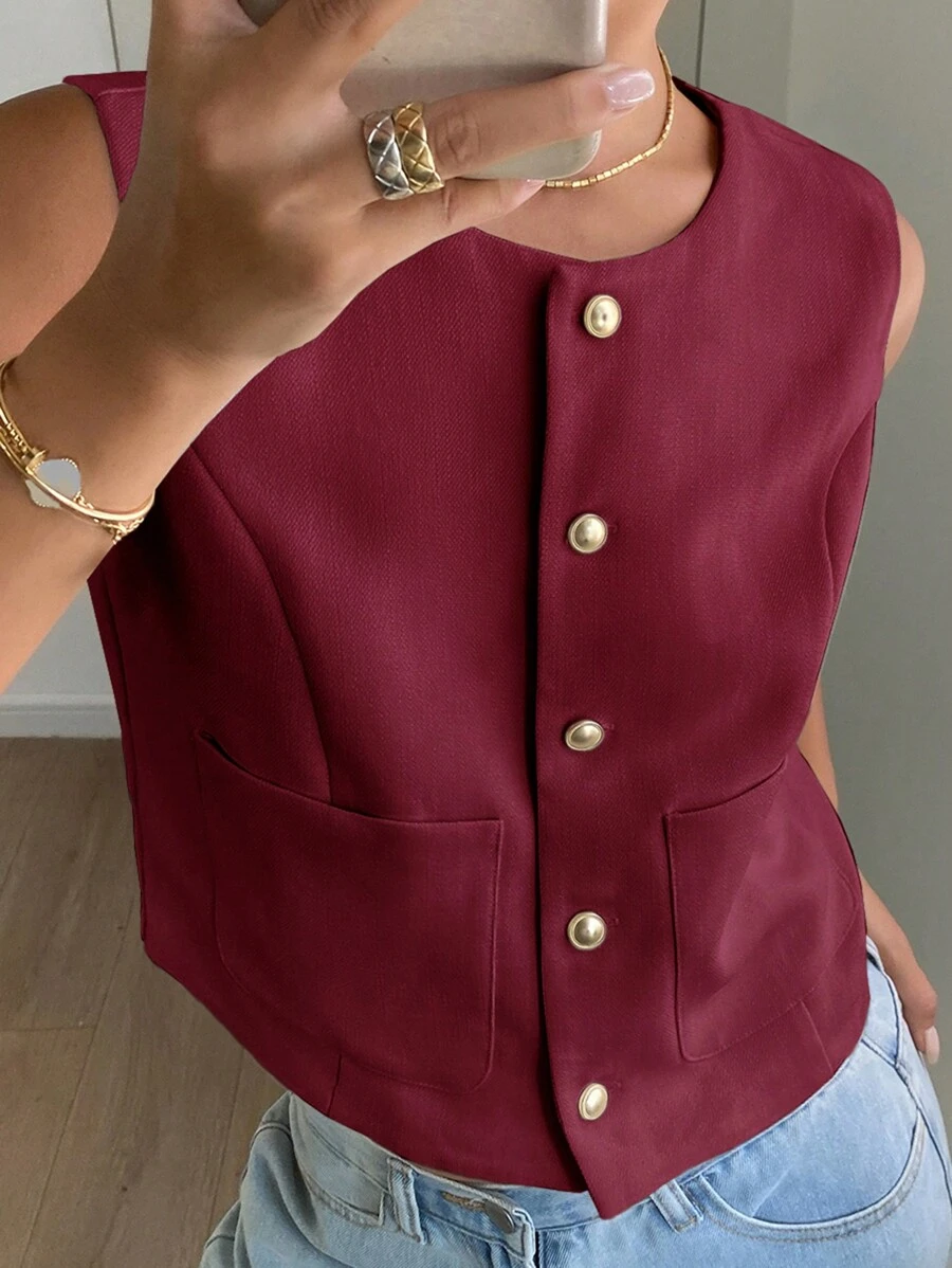 Livesso Chaqueta roja de cuello redondo sin mangas ajustada para mujer, ropa de primavera/verano y otoño - Burdeos - Ver 1