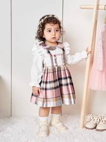 SHEIN Babygirl Autumn Winter Cute Plaid Patchwork Dress & Hat Set