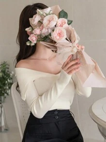 DAZY Women Solid Color Fitted Off Shoulder Long Sleeve Sweater For Autumn,Fall Women Clothes - Khaki - View 4