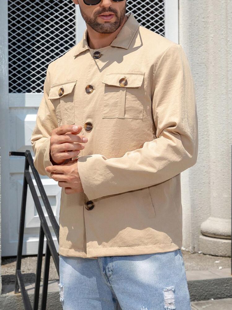 Manfinity Homme 男士纯色翻领休闲夹克，春秋 - 卡其色 - 查看 7