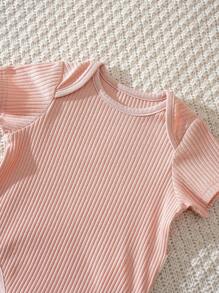 Cozy Pixies 6pcs/Set Newborn Baby Girl/Boy Solid Color Ribbed Soft Round Neck Short Sleeve Romper With Bib, Suitable For Baby Shower, Party, Gift, Newborn - Pink - View 16