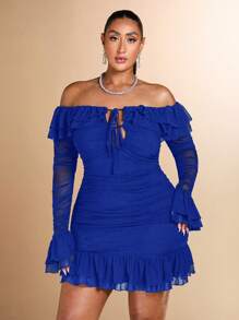 SHEIN BAE Plus Size Women's Romantic Sweet Sexy Ruffle Ruffle Hem Bodycon Mini Ruched Dress, Ideal For Dates And Parties - Royal Blue - View 5