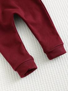Cozy Pixies 2pcs Baby Boy Cartoon Animal Print Knitted Soft Round Neck Long Sleeve Pullover Sweatshirt & Solid Color Pants Set - Burgundy - View 10