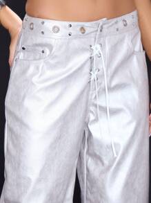 MUSERA Y2K 90年代夏季派对金属质感镂空腰带长裤 - 銀色 - 查看 5