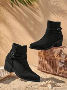Styleloop 女士金属扣简约踝靴 - 黑色 - 查看 1