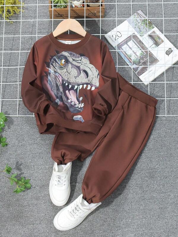 SHEIN 2pcs/Set Young Boy Casual Sports Street Wear Cool Cute 3D Dinosaur Pattern Long Sleeve Hoodie And Long Pants, Suitable For Daily Wear, School, Outdoor, Sports, Spring/Autumn