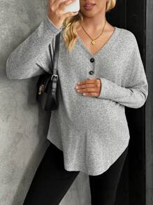 SHEIN Camiseta casual de manga larga de botones y media solapa en unicolor para maternidad, otoño/invierno