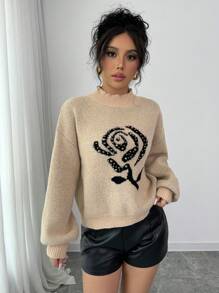 SHEIN LUNE Women's Rose Beaded Mock Neck Long Sleeve Pullover Sweater Knit Pullover Fall Winter - Khaki - View 5
