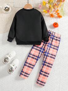 Set de 2 piezas: Blusa de manga larga con estampado de calabaza y pantalones a cuadros, conjunto de moda informal para niñas pequeñas - Negro - Ver 2